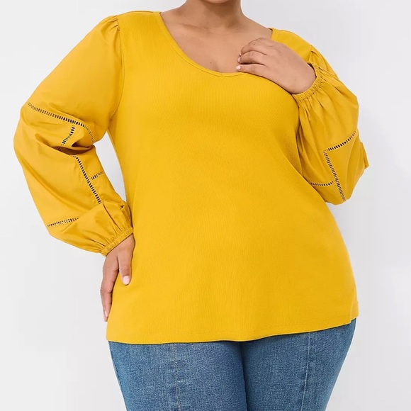Lane Bryant Women's Size 26/28 Patch Work Long Sleeve Mustard Yellow cotton Top - Picture 1 of 10